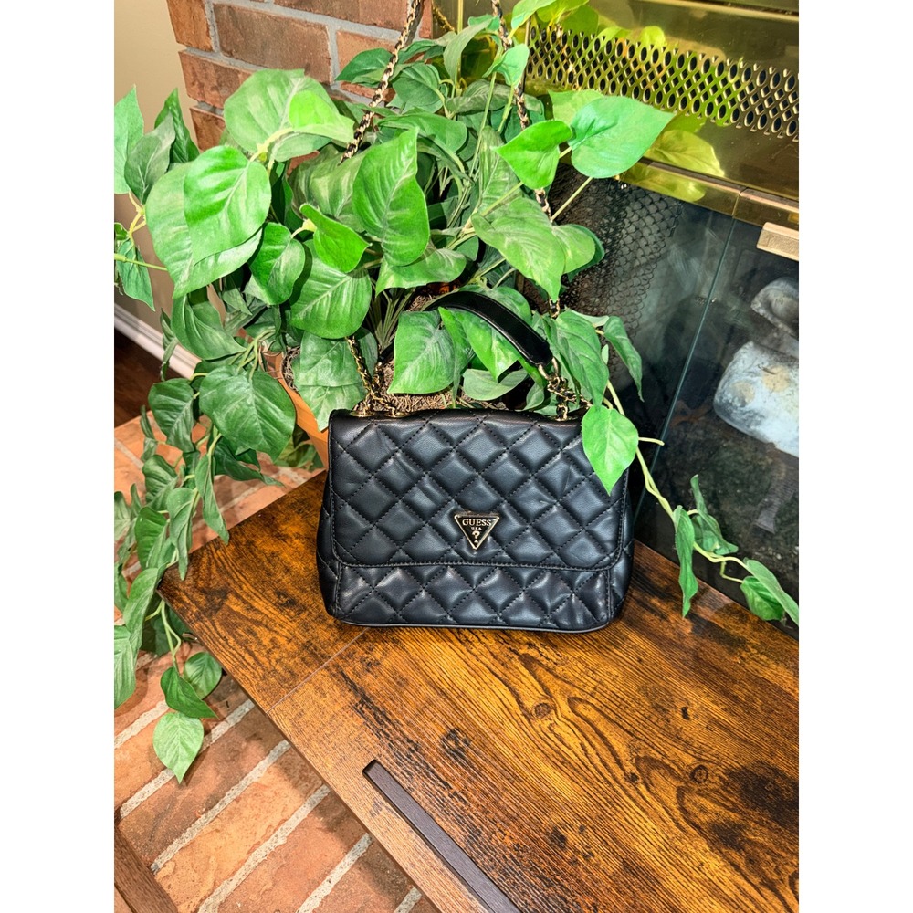 Guess Shoulder Bag Women Black Quilted Gold Chain Convertible Strap Small